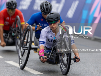 Oksana Masters competes in the Para Cycling - Women's H5 Road Race in Clichy-sous-Bois during the Paris 2024 Paralympic Games in Paris, Fran...