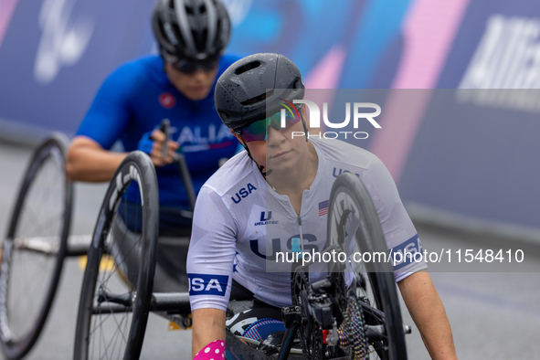 Oksana Masters competes in the Para Cycling - Women's H5 Road Race in Clichy-sous-Bois during the Paris 2024 Paralympic Games in Paris, Fran...