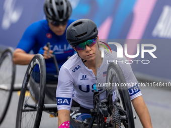 Oksana Masters competes in the Para Cycling - Women's H5 Road Race in Clichy-sous-Bois during the Paris 2024 Paralympic Games in Paris, Fran...