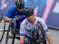 Oksana Masters competes in the Para Cycling - Women's H5 Road Race in Clichy-sous-Bois during the Paris 2024 Paralympic Games in Paris, Fran...