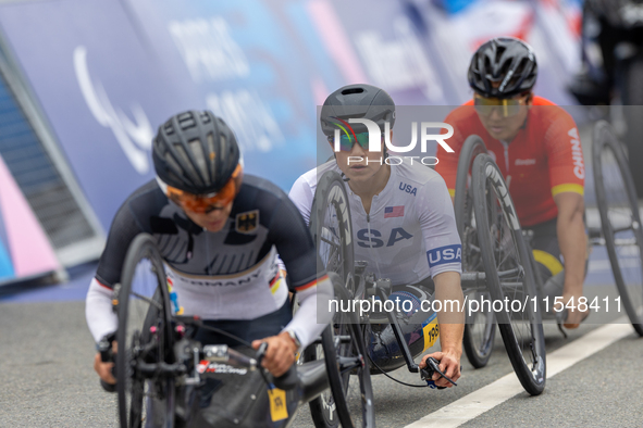 Oksana Masters competes in the Para Cycling - Women's H5 Road Race in Clichy-sous-Bois during the Paris 2024 Paralympic Games in Paris, Fran...