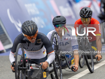 Oksana Masters competes in the Para Cycling - Women's H5 Road Race in Clichy-sous-Bois during the Paris 2024 Paralympic Games in Paris, Fran...