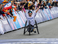 Oksana Masters reacts after she wins the Para-Cycling - Women's H5 Road Race at Clichy-sous-Bois during the Paris 2024 Paralympic Games in P...