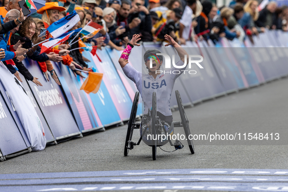 Oksana Masters reacts after she wins the Para-Cycling - Women's H5 Road Race at Clichy-sous-Bois during the Paris 2024 Paralympic Games in P...