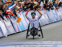 Oksana Masters reacts after she wins the Para-Cycling - Women's H5 Road Race at Clichy-sous-Bois during the Paris 2024 Paralympic Games in P...