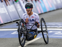 Oksana Masters reacts after she wins the Para-Cycling - Women's H5 Road Race at Clichy-sous-Bois during the Paris 2024 Paralympic Games in P...