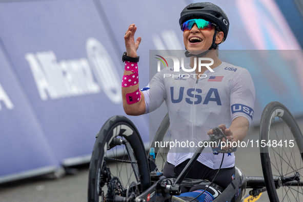 Oksana Masters reacts after she wins the Para-Cycling - Women's H5 Road Race at Clichy-sous-Bois during the Paris 2024 Paralympic Games in P...