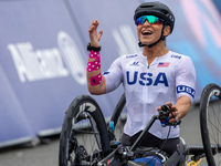 Oksana Masters reacts after she wins the Para-Cycling - Women's H5 Road Race at Clichy-sous-Bois during the Paris 2024 Paralympic Games in P...