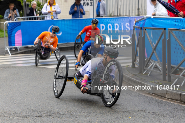 Oksana Masters competes in the Para Cycling - Women's H5 Road Race in Clichy-sous-Bois during the Paris 2024 Paralympic Games in Paris, Fran...