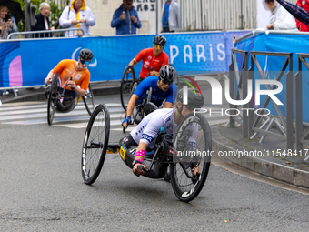 Oksana Masters competes in the Para Cycling - Women's H5 Road Race in Clichy-sous-Bois during the Paris 2024 Paralympic Games in Paris, Fran...