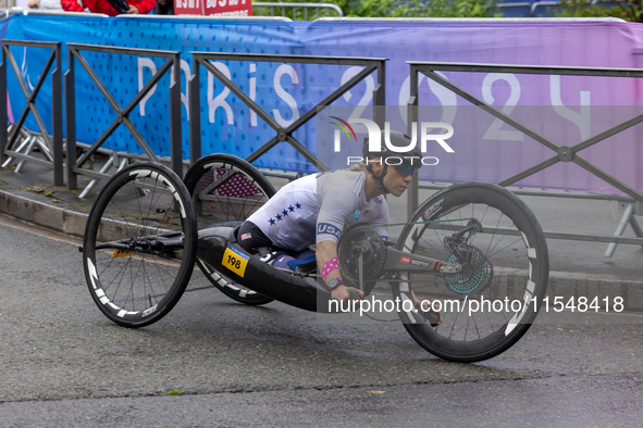 Oksana Masters competes in the Para Cycling - Women's H5 Road Race in Clichy-sous-Bois during the Paris 2024 Paralympic Games in Paris, Fran...