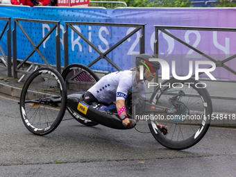 Oksana Masters competes in the Para Cycling - Women's H5 Road Race in Clichy-sous-Bois during the Paris 2024 Paralympic Games in Paris, Fran...