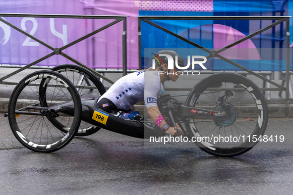 Oksana Masters competes in the Para Cycling - Women's H5 Road Race in Clichy-sous-Bois during the Paris 2024 Paralympic Games in Paris, Fran...