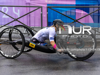 Oksana Masters competes in the Para Cycling - Women's H5 Road Race in Clichy-sous-Bois during the Paris 2024 Paralympic Games in Paris, Fran...