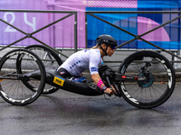 Oksana Masters competes in the Para Cycling - Women's H5 Road Race in Clichy-sous-Bois during the Paris 2024 Paralympic Games in Paris, Fran...