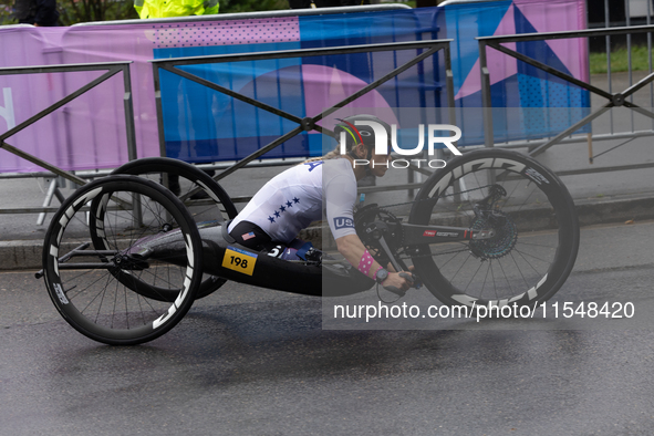 Oksana Masters competes in the Para Cycling - Women's H5 Road Race in Clichy-sous-Bois during the Paris 2024 Paralympic Games in Paris, Fran...