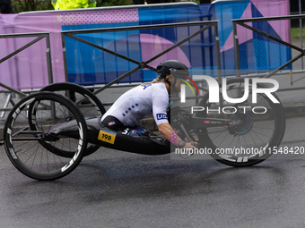 Oksana Masters competes in the Para Cycling - Women's H5 Road Race in Clichy-sous-Bois during the Paris 2024 Paralympic Games in Paris, Fran...