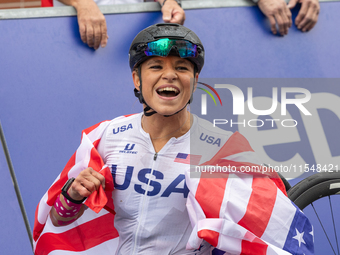 Oksana Masters reacts after she wins the Para-Cycling - Women's H5 Road Race at Clichy-sous-Bois during the Paris 2024 Paralympic Games in P...