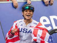 Oksana Masters reacts after she wins the Para-Cycling - Women's H5 Road Race at Clichy-sous-Bois during the Paris 2024 Paralympic Games in P...