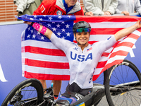 Oksana Masters reacts after she wins the Para-Cycling - Women's H5 Road Race at Clichy-sous-Bois during the Paris 2024 Paralympic Games in P...