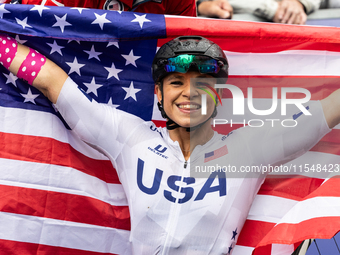 Oksana Masters reacts after she wins the Para-Cycling - Women's H5 Road Race at Clichy-sous-Bois during the Paris 2024 Paralympic Games in P...