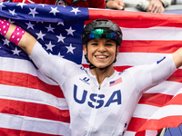 Oksana Masters reacts after she wins the Para-Cycling - Women's H5 Road Race at Clichy-sous-Bois during the Paris 2024 Paralympic Games in P...