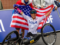 Oksana Masters reacts after she wins the Para-Cycling - Women's H5 Road Race at Clichy-sous-Bois during the Paris 2024 Paralympic Games in P...