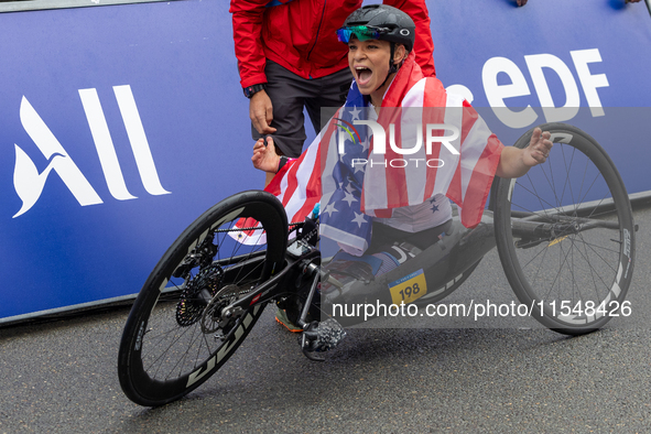 Oksana Masters reacts after she wins the Para-Cycling - Women's H5 Road Race at Clichy-sous-Bois during the Paris 2024 Paralympic Games in P...