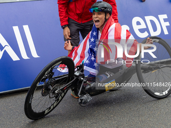 Oksana Masters reacts after she wins the Para-Cycling - Women's H5 Road Race at Clichy-sous-Bois during the Paris 2024 Paralympic Games in P...