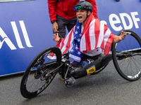 Oksana Masters reacts after she wins the Para-Cycling - Women's H5 Road Race at Clichy-sous-Bois during the Paris 2024 Paralympic Games in P...