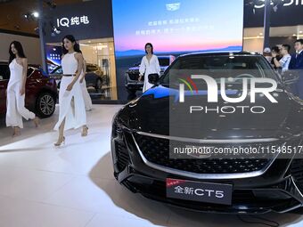 People look at various vehicles at the 23rd Autumn International Auto Show in Qingdao, China, on September 5, 2024. (