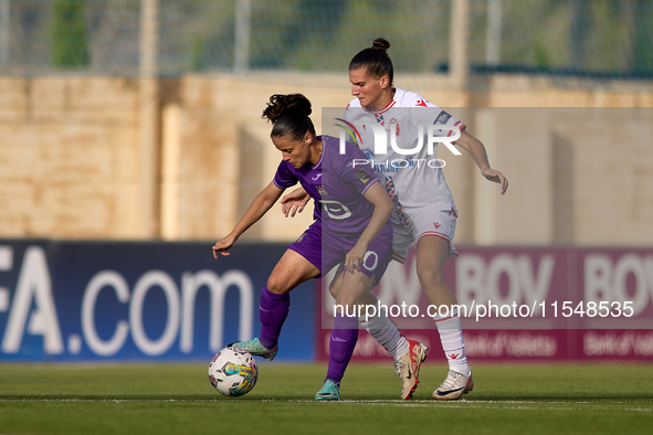 Stefania Vatafu (L) of Anderlecht is in action during the UEFA Women's Champions League First qualifying round, Semi-finals CP-Group 4 socce...