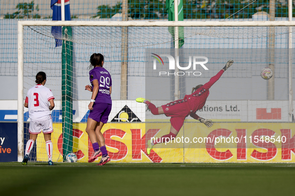 Roksana Shahanska, goalkeeper of Crvena Zvezda, is beaten for the 1-0 goal for Anderlecht during the UEFA Women's Champions League First qua...