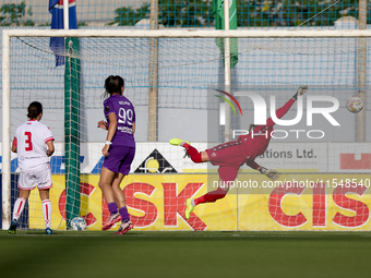 Roksana Shahanska, goalkeeper of Crvena Zvezda, is beaten for the 1-0 goal for Anderlecht during the UEFA Women's Champions League First qua...