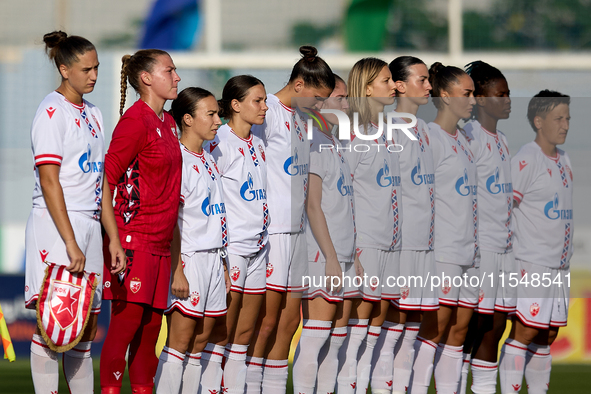 Crvena Zvezda players stand prior to the UEFA Women's Champions League First qualifying round, Semi-finals CP-Group 4 soccer match between A...