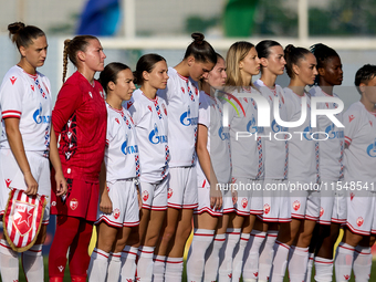 Crvena Zvezda players stand prior to the UEFA Women's Champions League First qualifying round, Semi-finals CP-Group 4 soccer match between A...