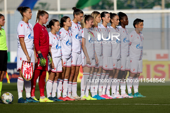 Crvena Zvezda players stand prior to the UEFA Women's Champions League First qualifying round, Semi-finals CP-Group 4 soccer match between A...