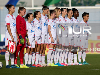 Crvena Zvezda players stand prior to the UEFA Women's Champions League First qualifying round, Semi-finals CP-Group 4 soccer match between A...