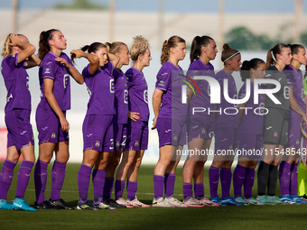 Anderlecht players stand prior to the UEFA Women's Champions League First qualifying round, Semi-finals CP-Group 4 soccer match between Ande...