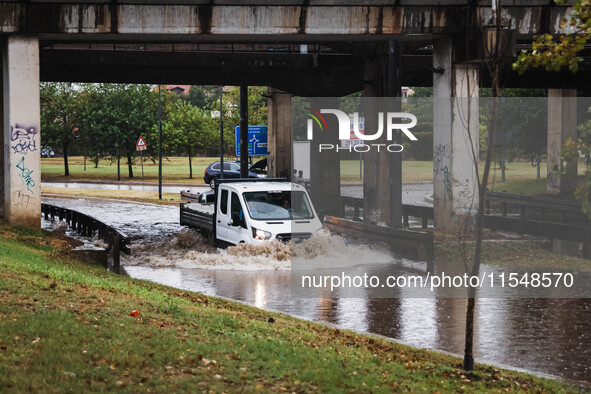 A view of roads and cars submerged during the storm and flooding of Ponte Lambro in Milan, Italy, on September 5, 2024 