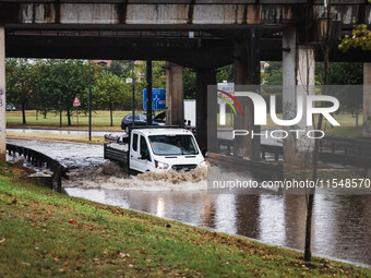 A view of roads and cars submerged during the storm and flooding of Ponte Lambro in Milan, Italy, on September 5, 2024 (