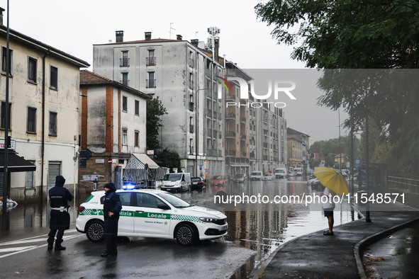 A view of roads and cars submerged during the storm and flooding of Ponte Lambro in Milan, Italy, on September 5, 2024 