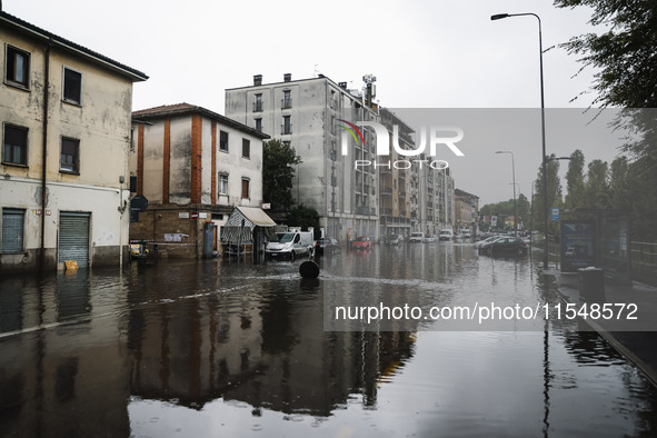 A view of roads and cars submerged during the storm and flooding of Ponte Lambro in Milan, Italy, on September 5, 2024 