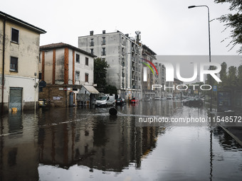 A view of roads and cars submerged during the storm and flooding of Ponte Lambro in Milan, Italy, on September 5, 2024 (