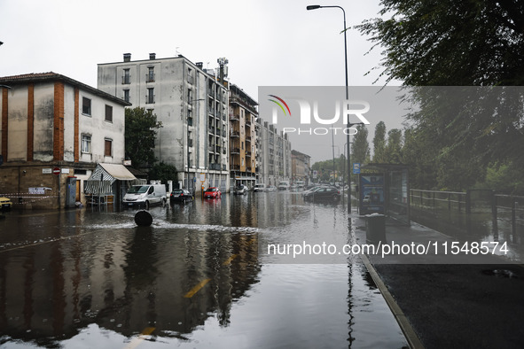 A view of roads and cars submerged during the storm and flooding of Ponte Lambro in Milan, Italy, on September 5, 2024 