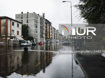 A view of roads and cars submerged during the storm and flooding of Ponte Lambro in Milan, Italy, on September 5, 2024 (