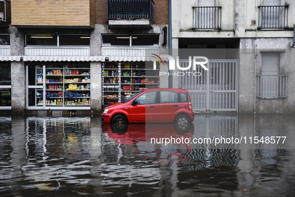 A view of roads and cars submerged during the storm and flooding of Ponte Lambro in Milan, Italy, on September 5, 2024 