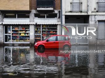 A view of roads and cars submerged during the storm and flooding of Ponte Lambro in Milan, Italy, on September 5, 2024 (