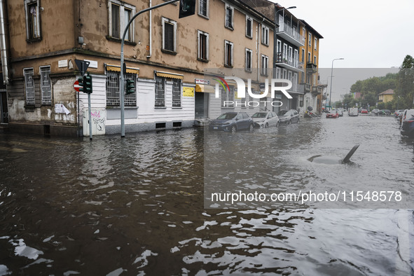 A view of roads and cars submerged during the storm and flooding of Ponte Lambro in Milan, Italy, on September 5, 2024 