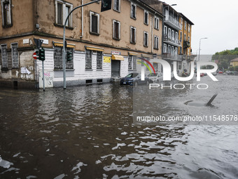 A view of roads and cars submerged during the storm and flooding of Ponte Lambro in Milan, Italy, on September 5, 2024 (